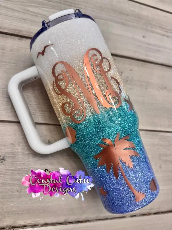 Beach glitter ombré handle tumbler with a copper monogram