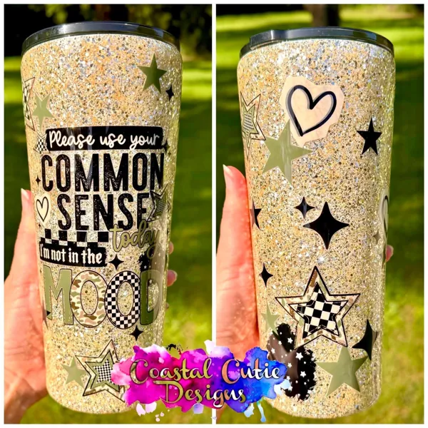 Gold glitter skinny with black stars and a sassy saying