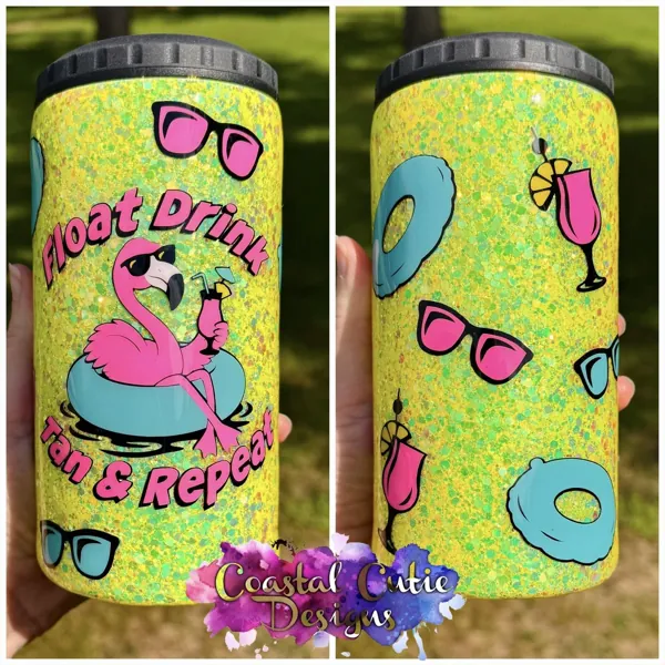 “Float, drink, tan & repeat” neon glitter with flamingos and sunglasses