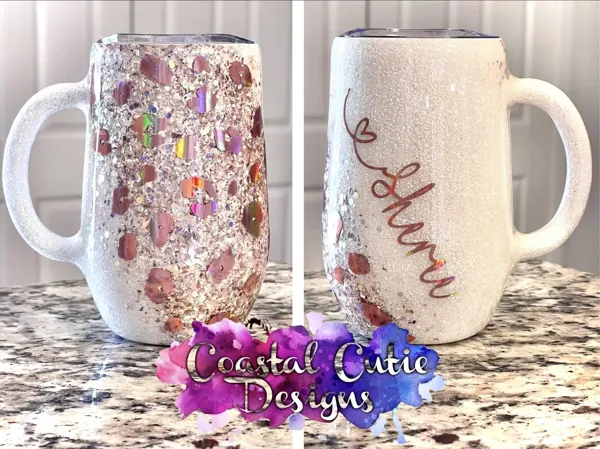 Rose-gold floral glitter mug with a script name