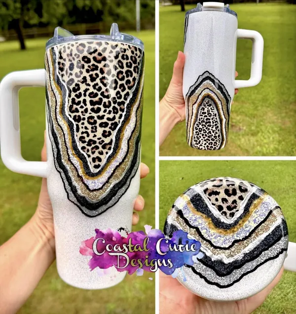 Leopard and black-and-white agate glitter handle tumbler with a matching lid
