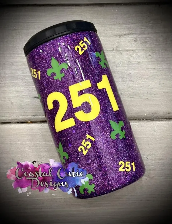 Purple Mardi Gras 4-in-1 with a gold “251”