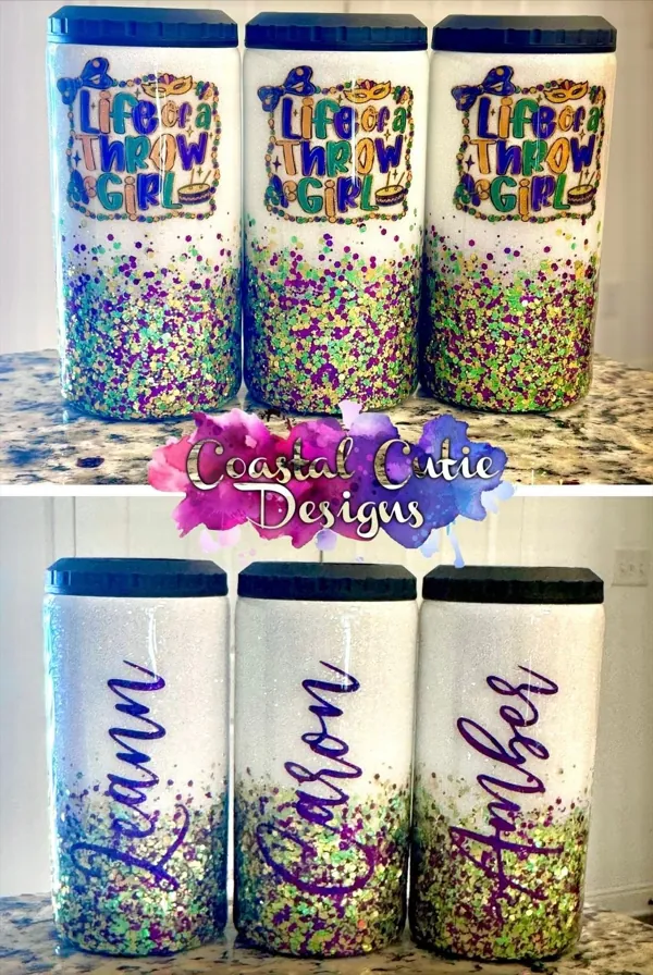 Matching Mardi Gras glitter can coolers, each with a name
