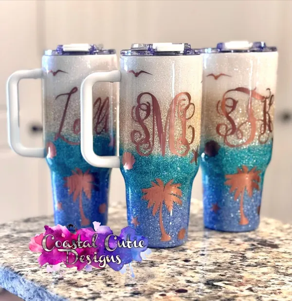 Three matching monogrammed beach ombré tumblers