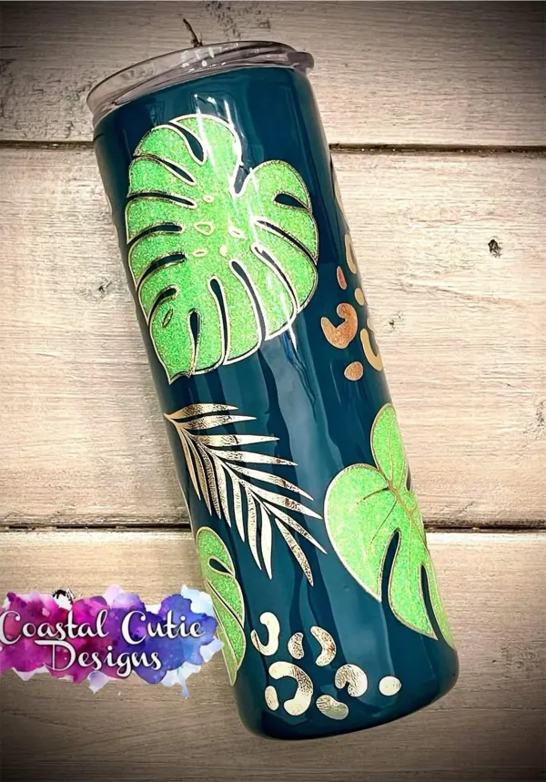 Dark teal skinny with glitter monstera leaves