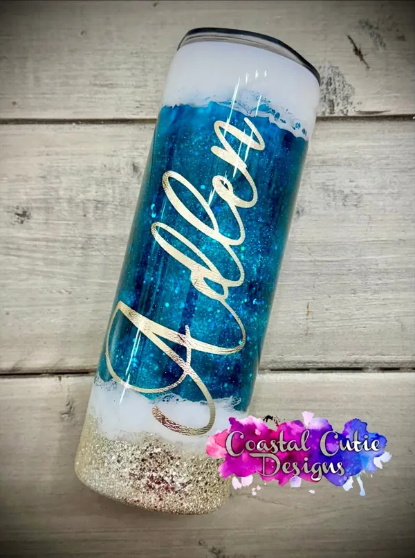 Ocean-blue glitter fade skinny with a script name