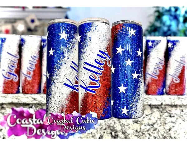 A row of red, white and blue glitter tumblers with names