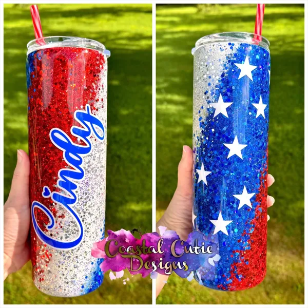 Red, white and blue glitter skinny with a name in blue script