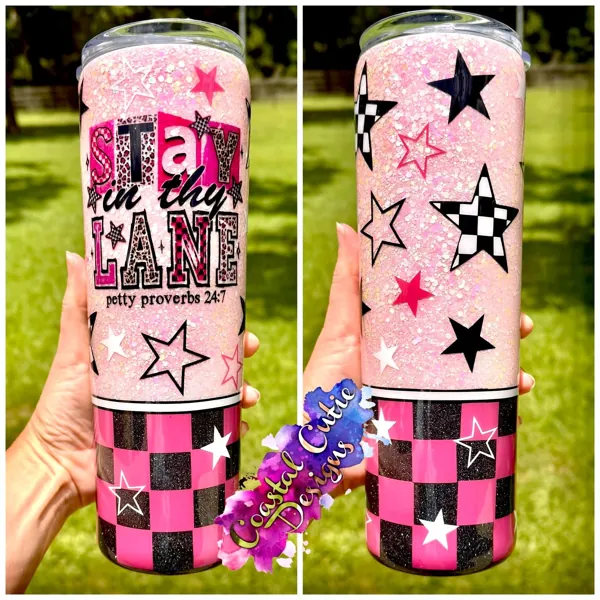 Pink checkerboard and stars skinny with a matching can cooler